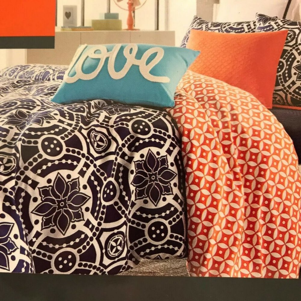 Twin Duvet Cover And Standard Sham  Reversable 100% Cotton Orange And Blue NWT